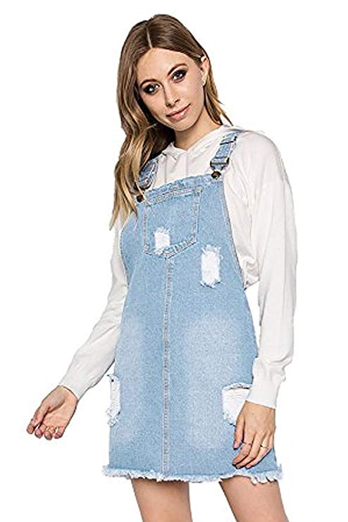 TwiinSisters Women's Casual Denim Destroyed Overall Dress for Women Plus Size Available