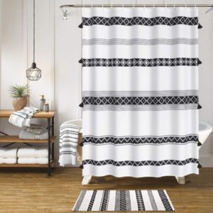 HAOCOO Tassel Boho Shower Curtain Black & White Fabric Shower Curtains