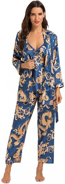 4. HOUSEPLANT Women's Floral Silk Satin Pajamas Set Sleepwear 3Pcs Nightwear Long Sleeve Pyjamas with Belt