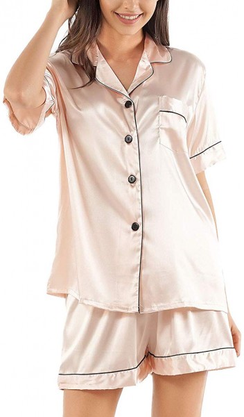 6. GAESHOW Women's Satin Silk Pajamas Set Short Sleeve Button-Down Pj Set Sleepwear Loungewear Two Piece Pj Sets